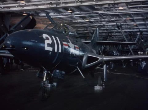 MEN OF THE FIGHTING LADY F9F PANTHER JET ON CARRIER